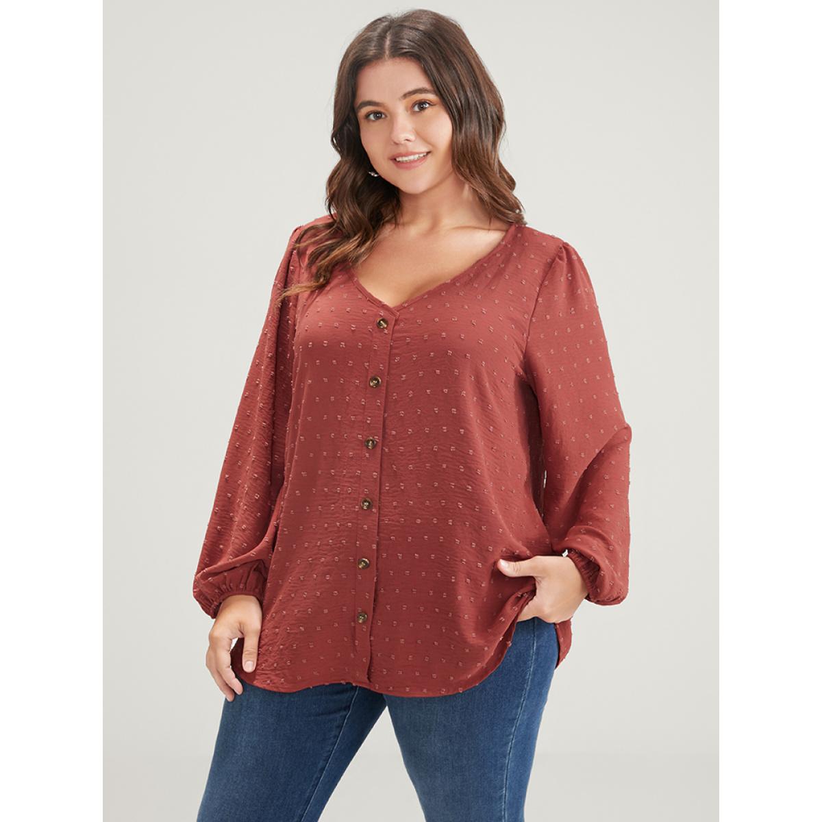 Plus Size Russet Solid Button Lantern Sleeve V Neck Blouse Women Elegant Long Sleeve V-neck Dailywear Blouses BloomChic 14-16/1X Product Image