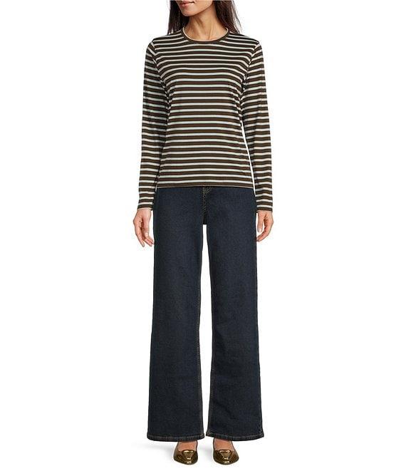 FRANCES VALENTINE Tonal Pima Cotton Crew Neck Long Sleeve Stripe Print Tee Shirt Product Image