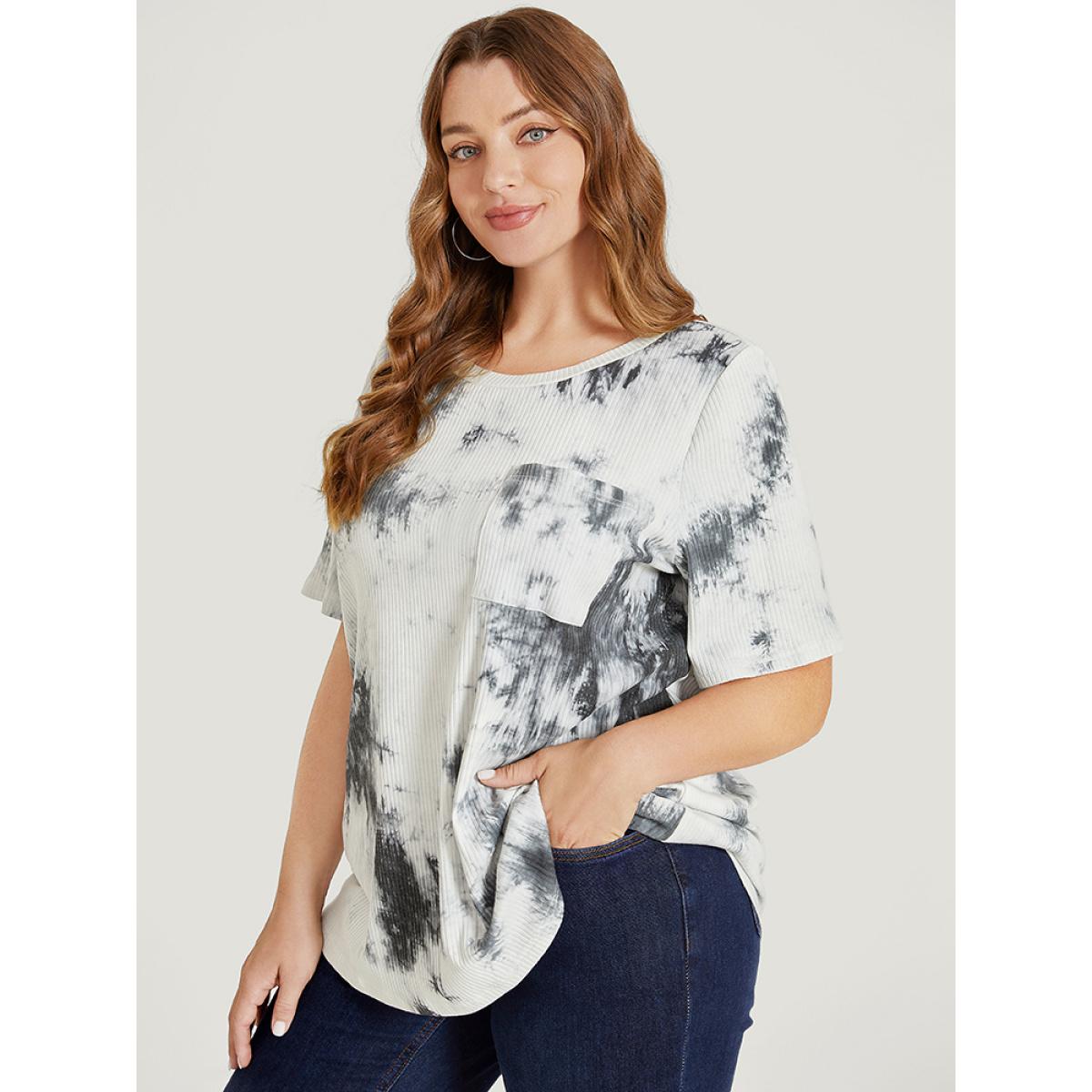 Plus Size Tie Dye Pocket Rib Knit T-shirt Gray Women Casual Tie Dye Round Neck Dailywear T-shirts BloomChic 18-20/2X Product Image