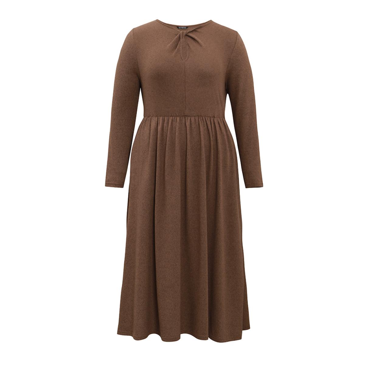 Plus Size Plain Keyhole Elastic Waist Twist Front Dress DarkBrown Women Office Plain Keyhole Cut-Out Long Sleeve Curvy Midi Dress BloomChic 22-24/3X Product Image