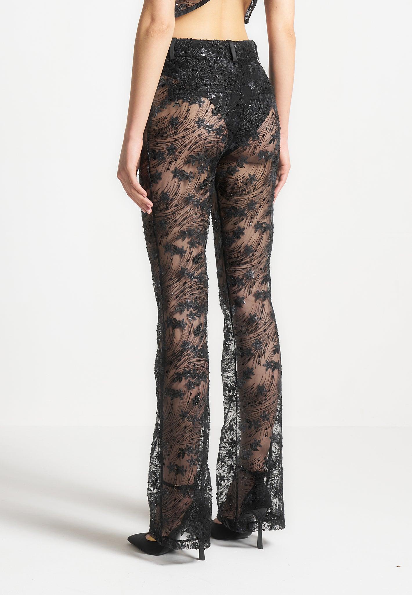 Embellished Lace Fit and Flare Trousers - Black Female Product Image