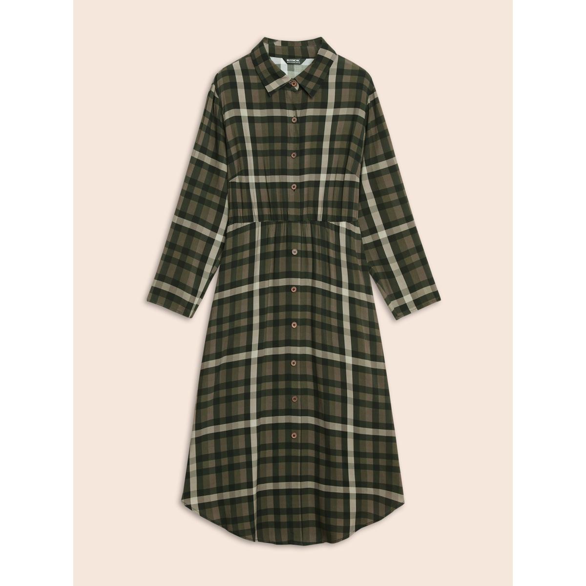 Plus Size Plaid Shirt Collar Curved Hem Dress Yellowishbrown Women Elegant Button Shirt collar Long Sleeve Curvy BloomChic 18-20/2X Product Image