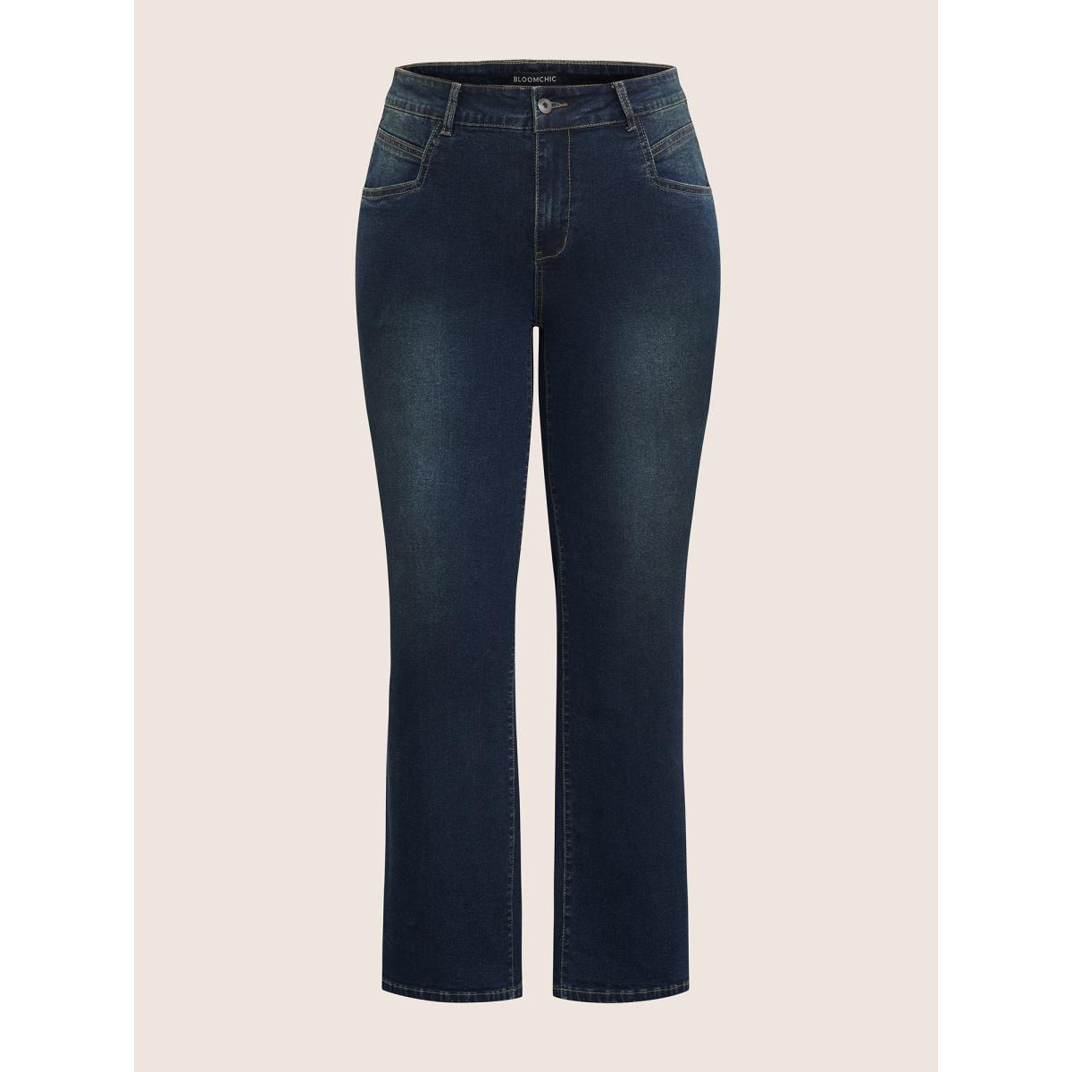 Plus Size Straight Leg Dark Wash Zipper Fly Jeans Women Indigo Casual Plain Contrast High stretch Pocket Jeans BloomChic 18/2X Product Image