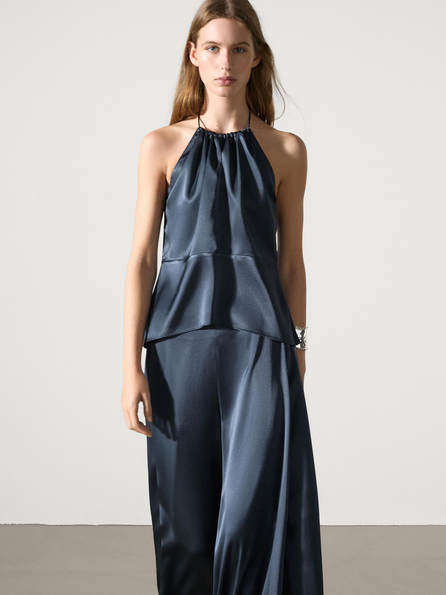 Satin wide-leg trousers with slits Product Image