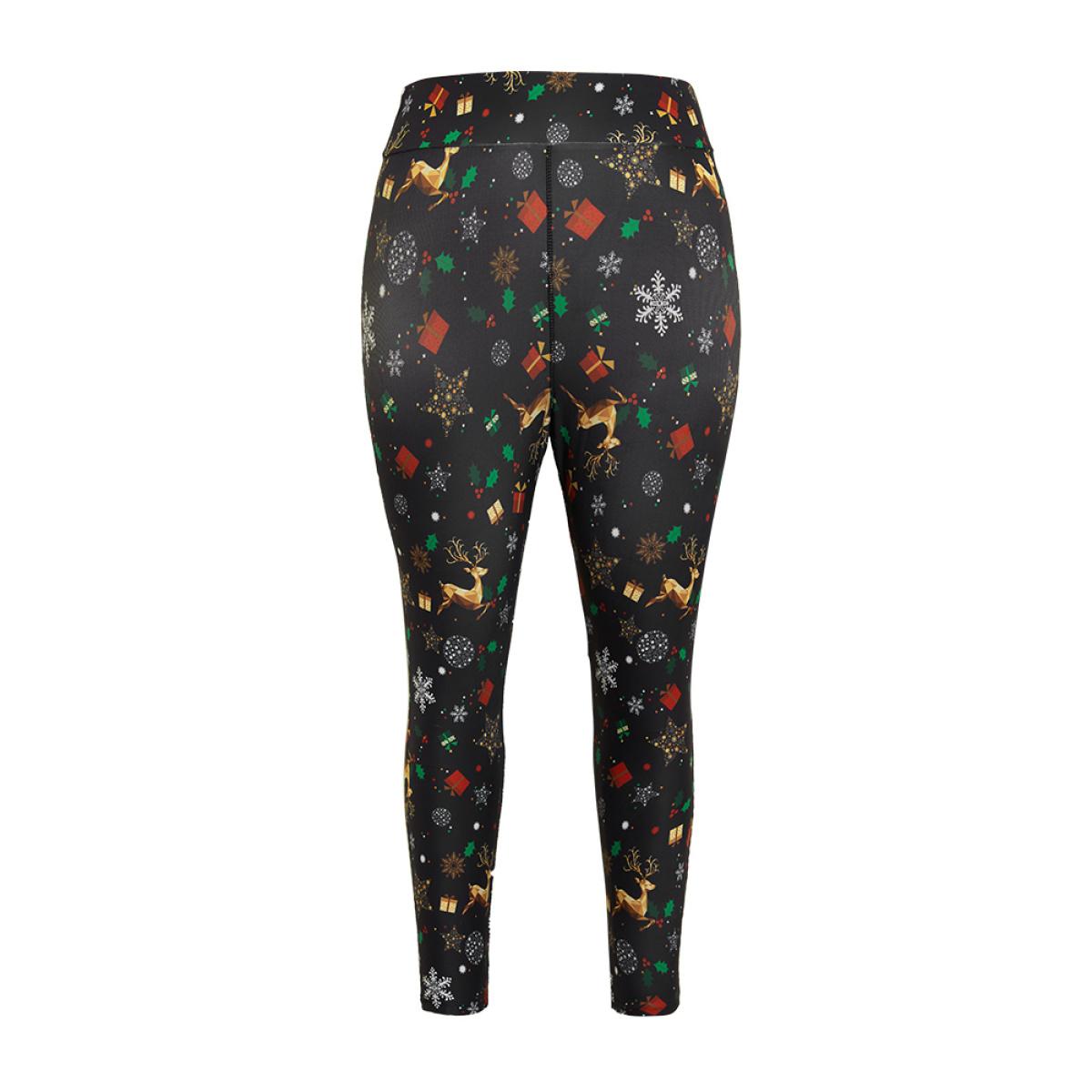 Plus Size Christmas Print Elastic Waist Leggings Women Black Casual High stretch Skinny High Rise Dailywear Leggings BloomChic 28/5X Product Image