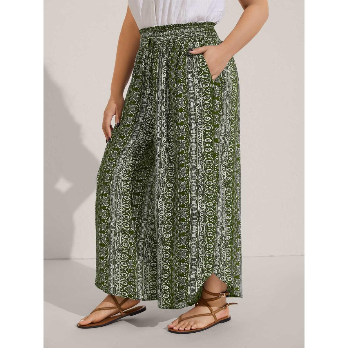 Plus Size Boho Print Shirred Waist Wide-Leg Pants Women Moss Boho Wide Leg Mid Rise Vacation Pants BloomChic 30/6X Product Image