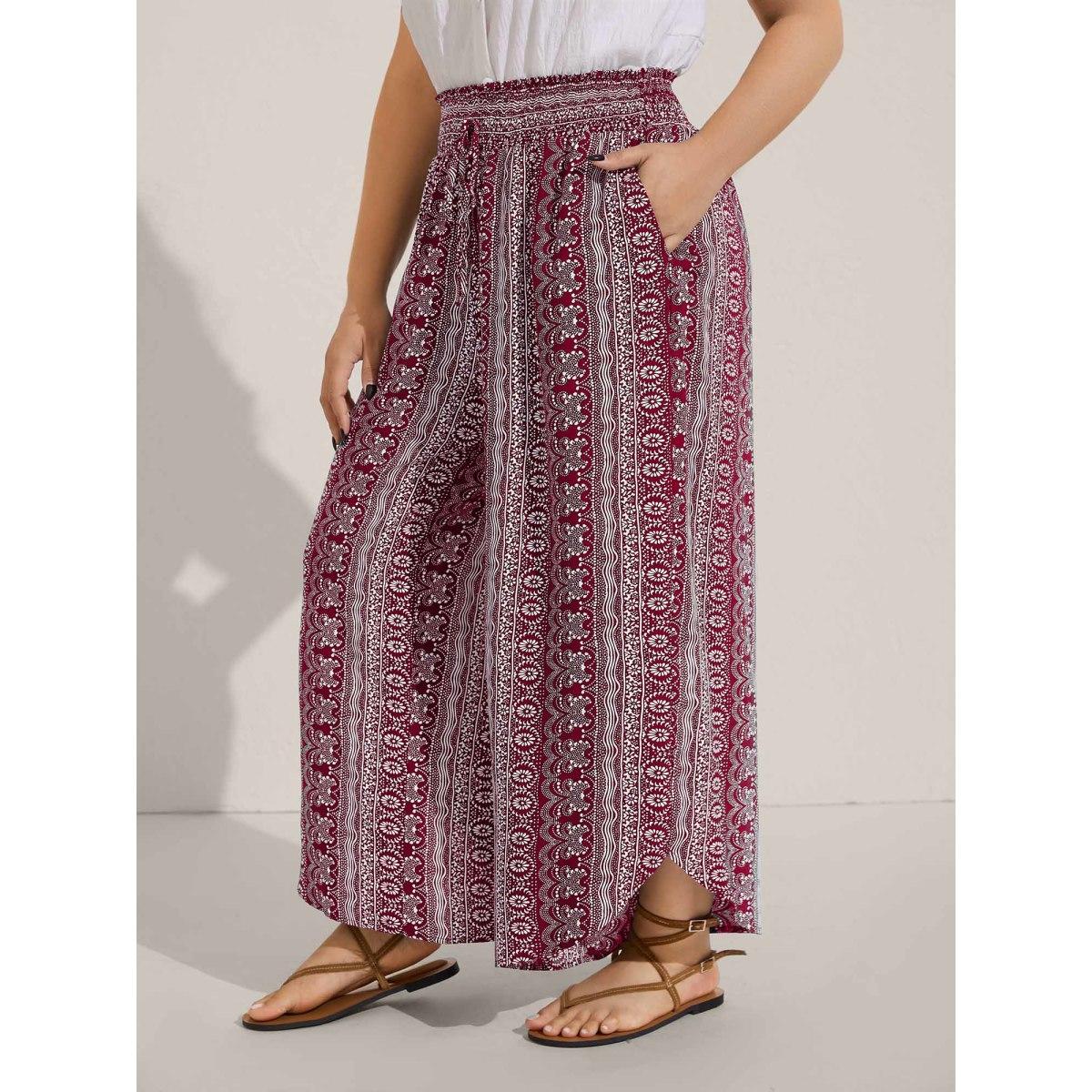 Plus Size Boho Print Shirred Waist Wide-Leg Pants Women Burgundy Boho Wide Leg Mid Rise Vacation Pants BloomChic 10/M Product Image