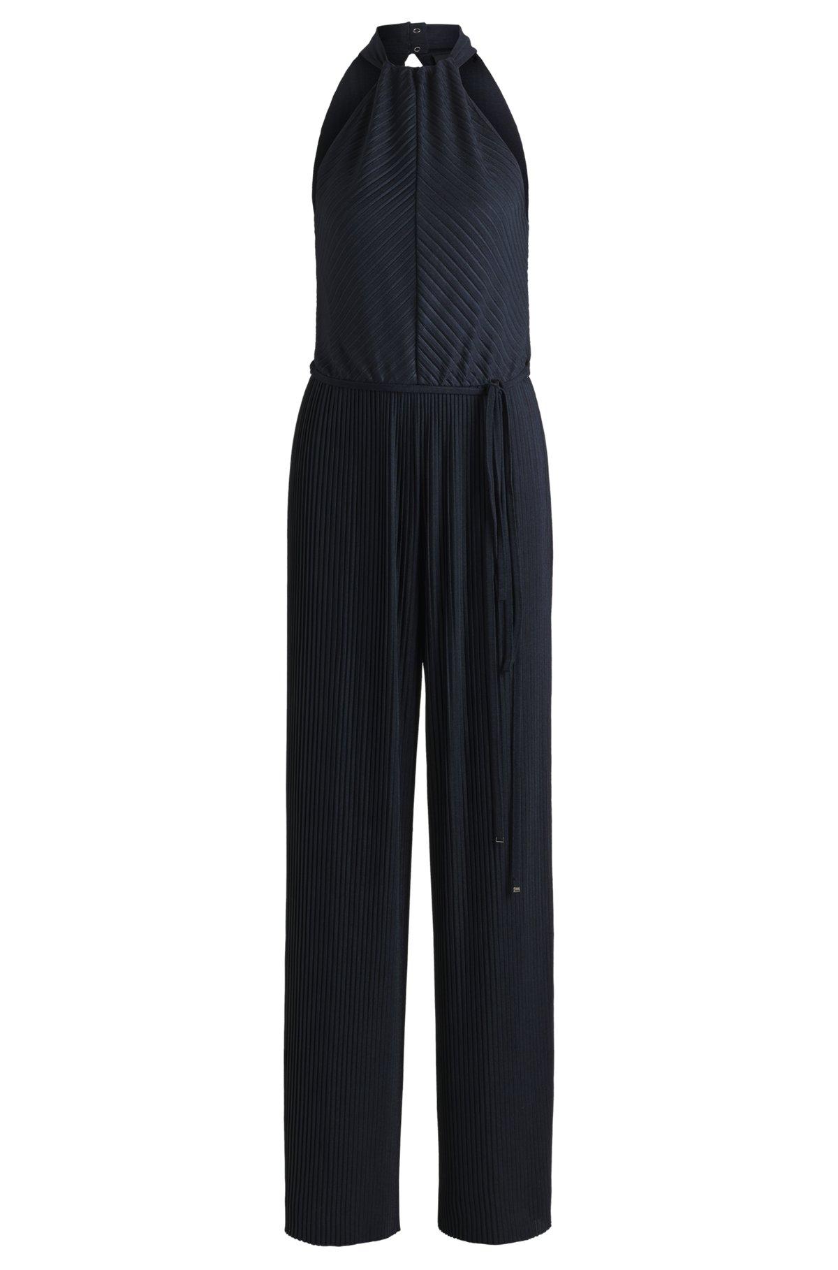 BOSS - Sleeveless jumpsuit with plissé pleats and tie belt - Dark Blue Product Image