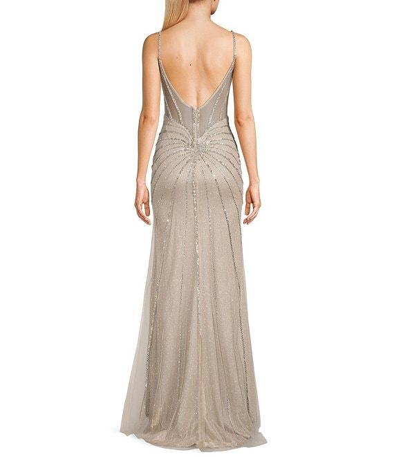 GB Sleeveless Scoop Neck Illusion Back Slit Hem Beaded Glitter Long Dress Product Image