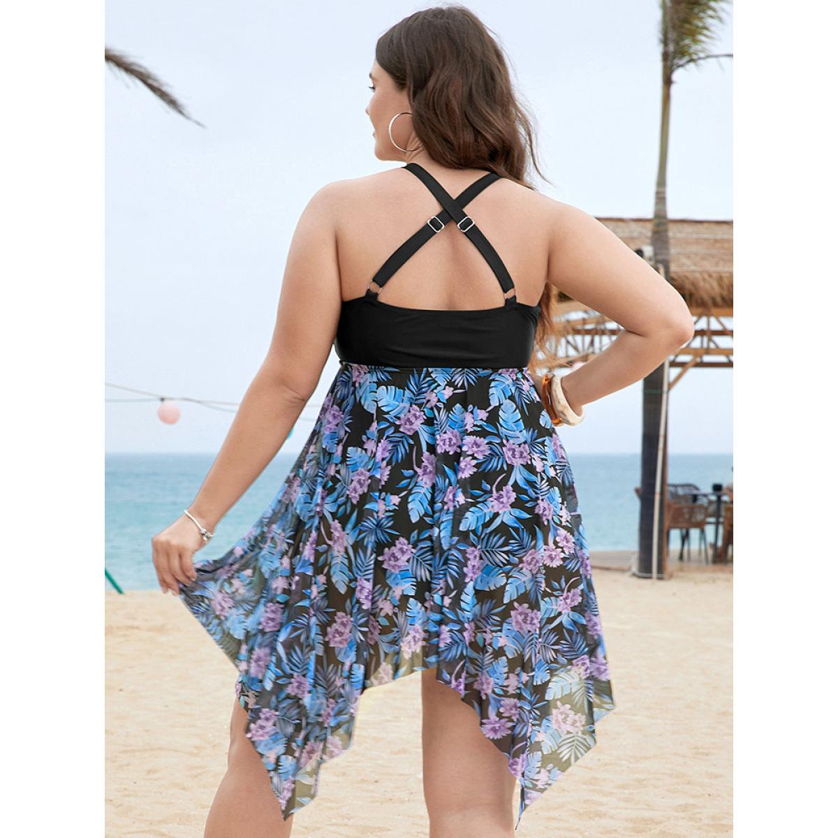 Plus Size Floral Cut Out Halter Neck Hanky Hem Swim Dress Women's Swimwear BlackFlower Vacation Bodycon Halter neck High stretch Curve Swim Dresses BloomChic 26/4X Product Image