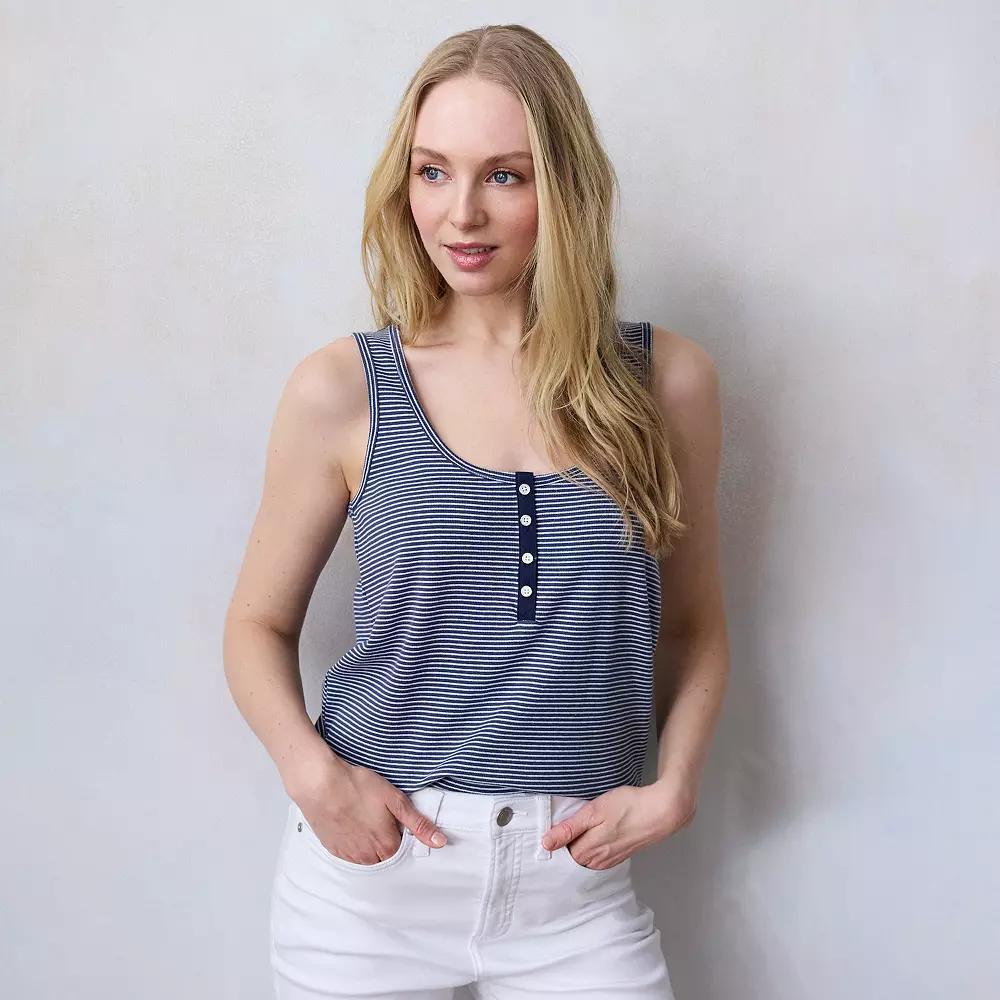 Petite LC Lauren Conrad Henley Tank Top, Women's, Size: XS Petite, Blue Amalfi Stripe Product Image