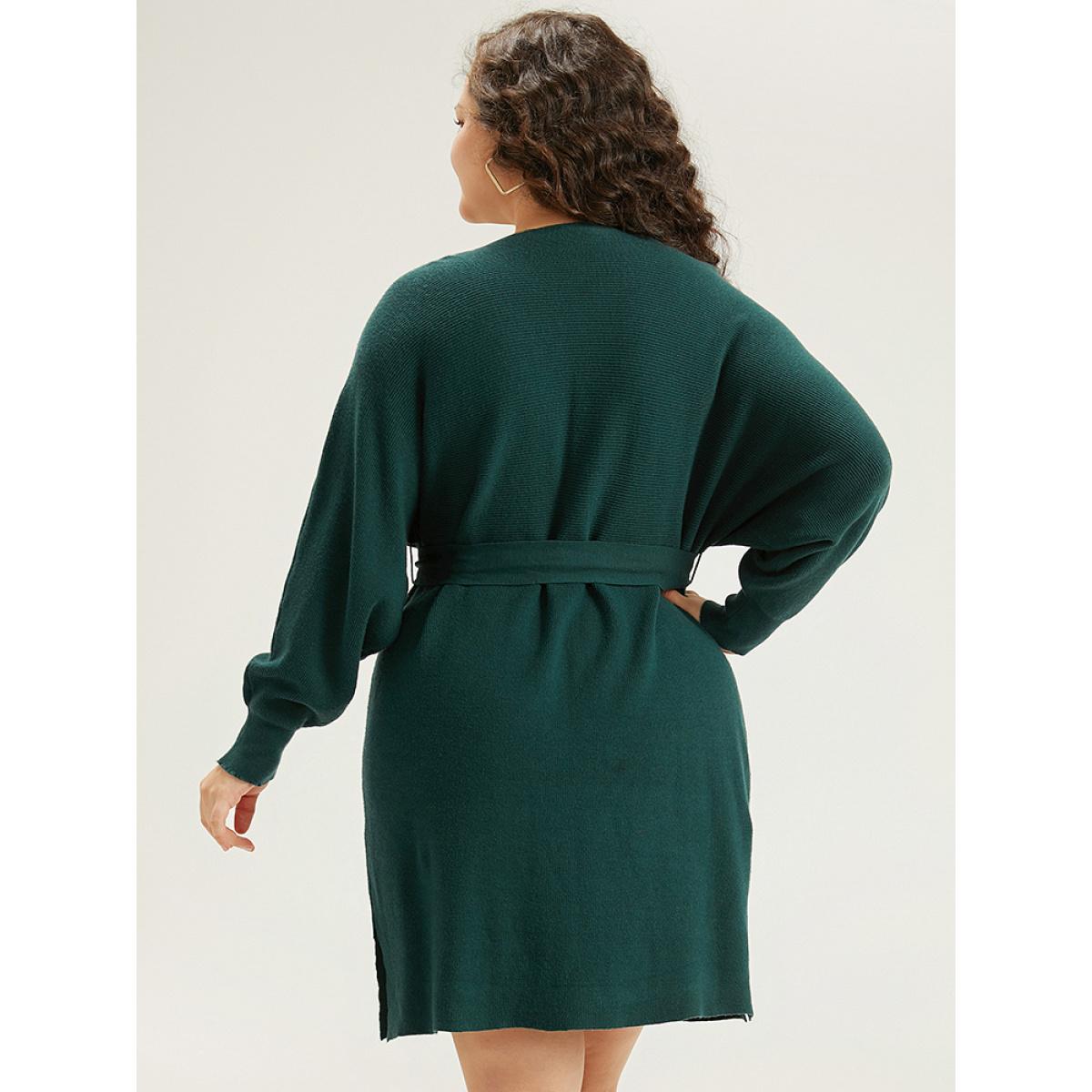Plus Size Supersoft Essentials Solid Belted Split Batwing Sleeve Sweater Dress DarkGreen Women Casual Loose Long Sleeve Dailywear Sweater Dresses BloomChic 28/5X Product Image