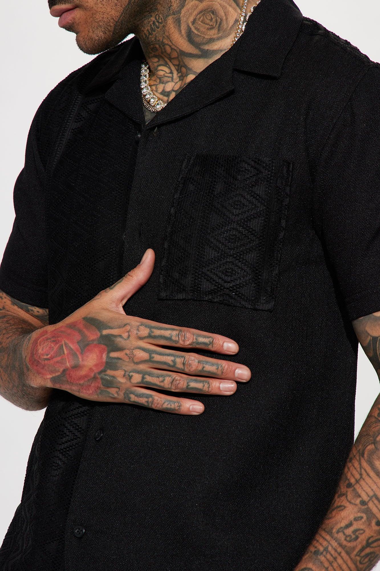 Half Crochet Pattern Short Sleeve Button Up Shirt - Black Product Image