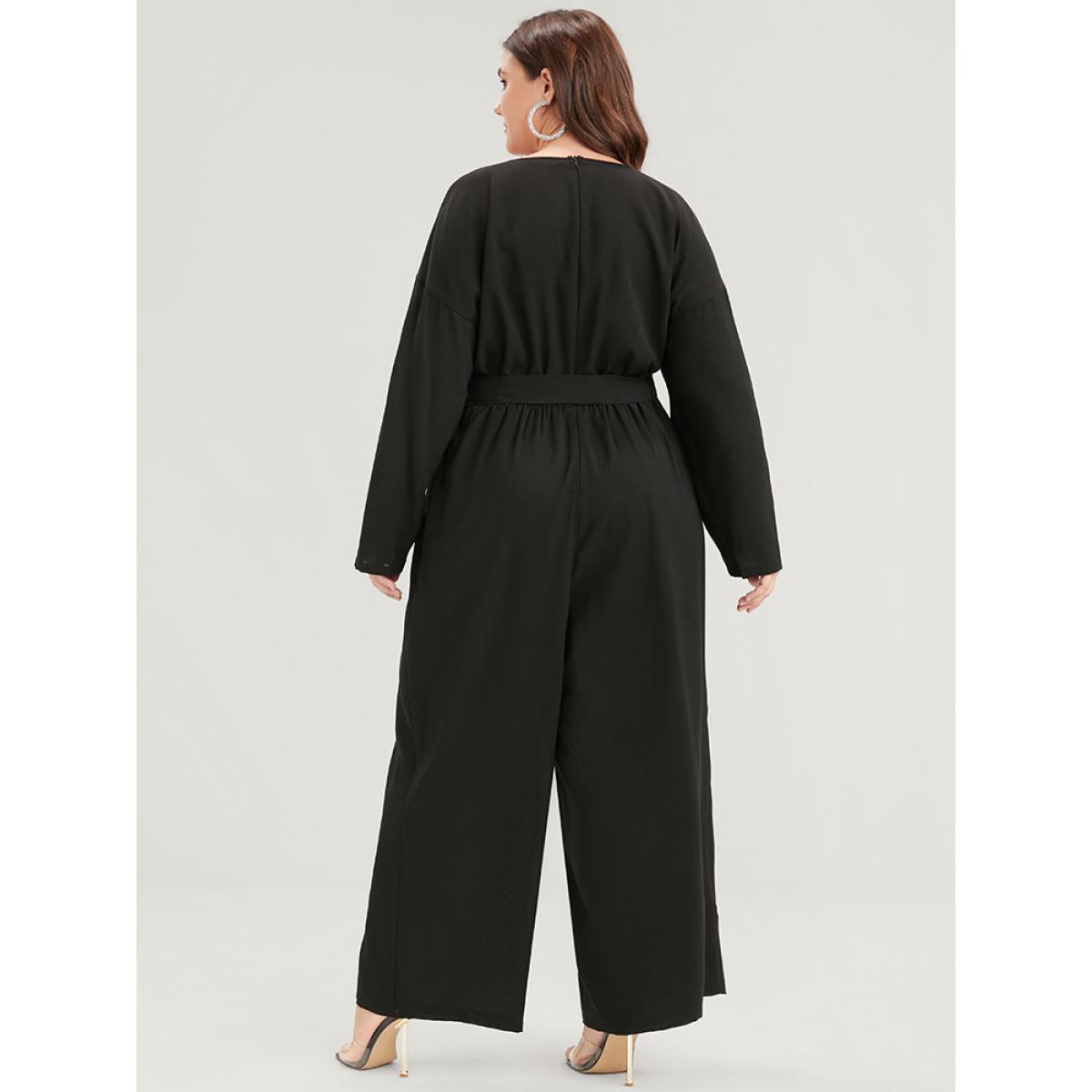 Plus Size Black Solid Embroidered Pocket Belted Jumpsuit Women Elegant Long Sleeve V-neck Dailywear Loose Jumpsuits BloomChic 14-16/1X Product Image
