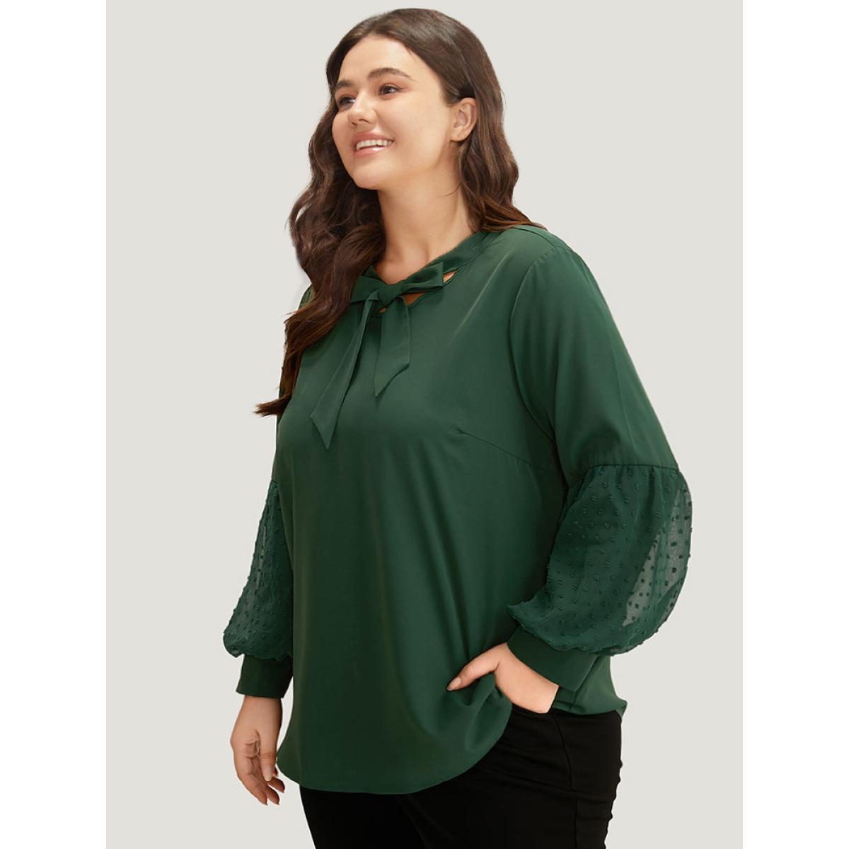Plus Size DarkGreen Knot Neck Lace Patchwork Lantern Sleeve Blouse Women Office Long Sleeve Tie Neck Office Blouses BloomChic 14-16/1X Product Image