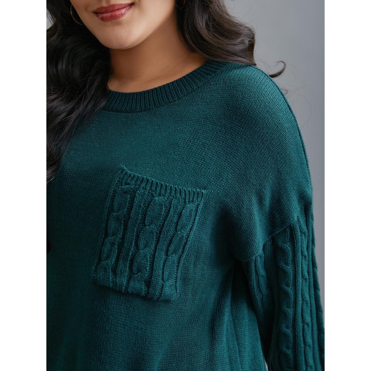 Plus Size Cable Knit Sleeve Chest Pocket Pullover Cyan Women Casual Loose Long Sleeve Round Neck Everyday Pullovers BloomChic 30/6X Product Image