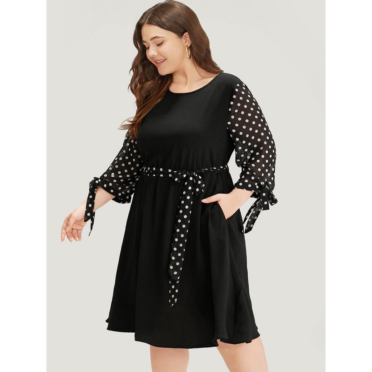 Plus Size Polka Dot Patchwork Mesh Belted Bowknot Dress Black Women Office See through Round Neck Long Sleeve Curvy Midi Dress BloomChic 26/4X Product Image