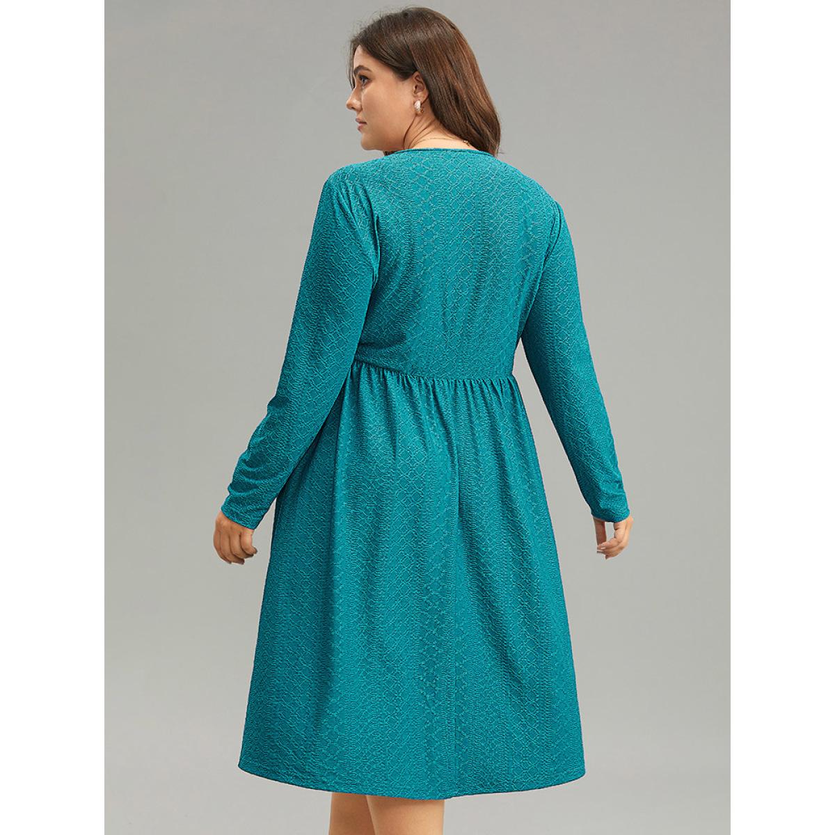Plus Size Plain Textured Metal Detail V Neck Dress Cerulean Women Office Texture V-neck Long Sleeve Curvy Midi Dress BloomChic 18-20/2X Product Image