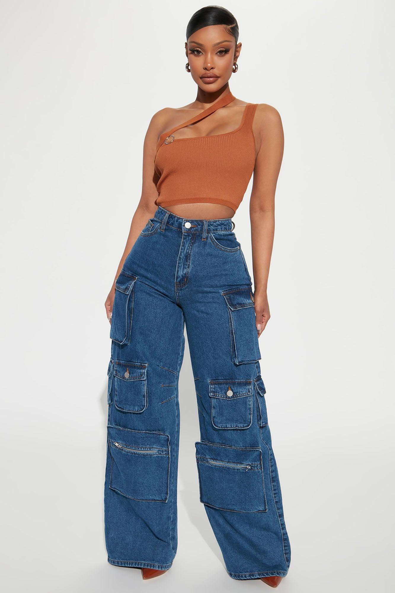 Lily High Rise Cargo Jeans - Medium Blue Wash Product Image