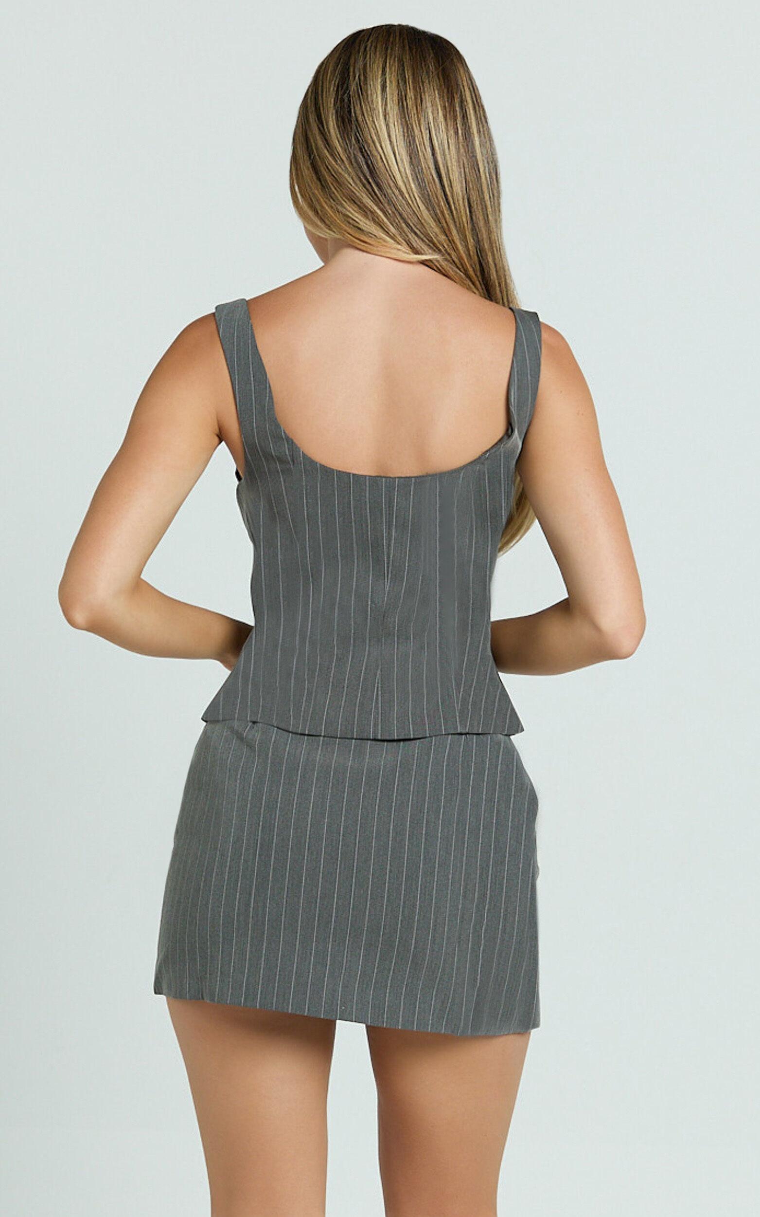 Fiona Mini Skort - Pinstripe Waistband Fly Front Fitted Skirt in Dark Grey Product Image