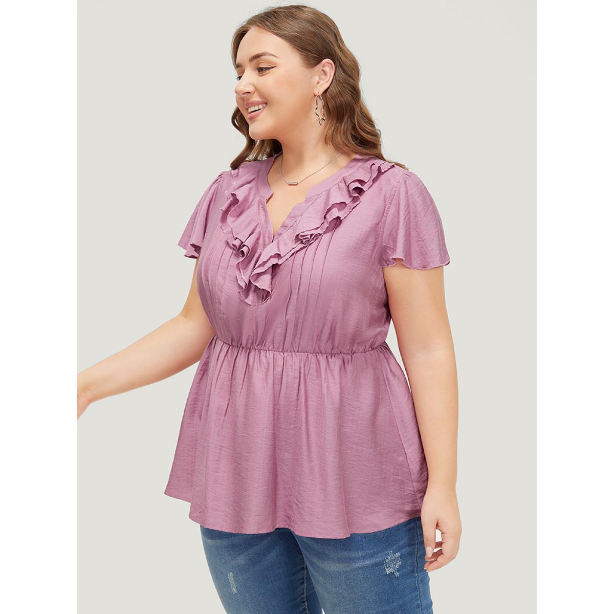 Plus Size Mauve Solid Pleated Button Up Ruffle Tiered Blouse Women Elegant Short sleeve Notched collar Dailywear Blouses BloomChic 12/L Product Image