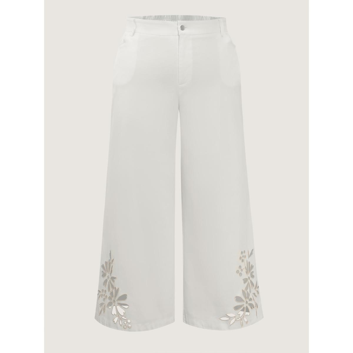 Plus Size Floral Cutwork Embroidered Hem Pants Women WhiteSmoke Romantic Loose High Rise Elegant Pants BloomChic 28/5X Product Image