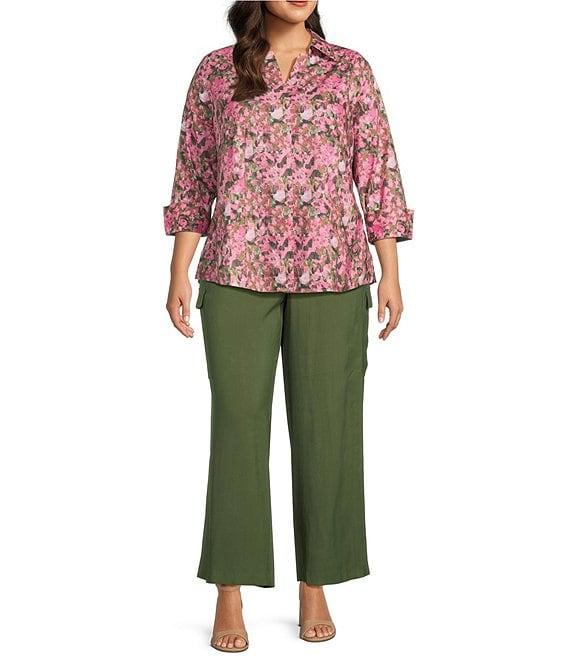 Investments Plus Size Taylor Gold Label Non-Iron Pink Floral Fields 3/4 Sleeve Button Front Shirt Product Image