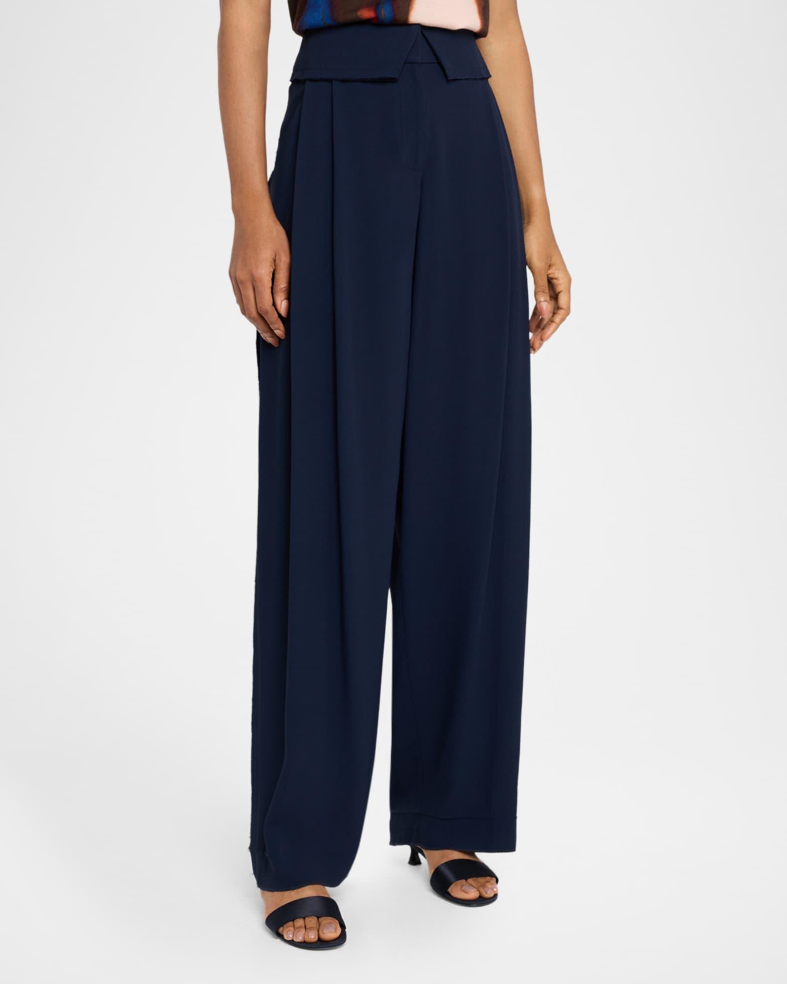 Foldover-Waist Pleated Wide-Leg Pants Product Image