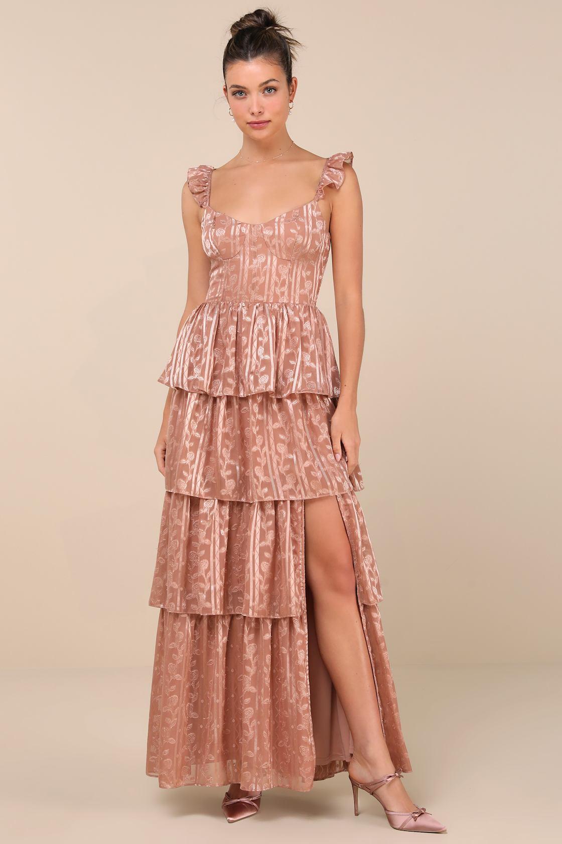 Stunning Glory Dusty Pink Floral Jacquard Tiered Maxi Dress Product Image