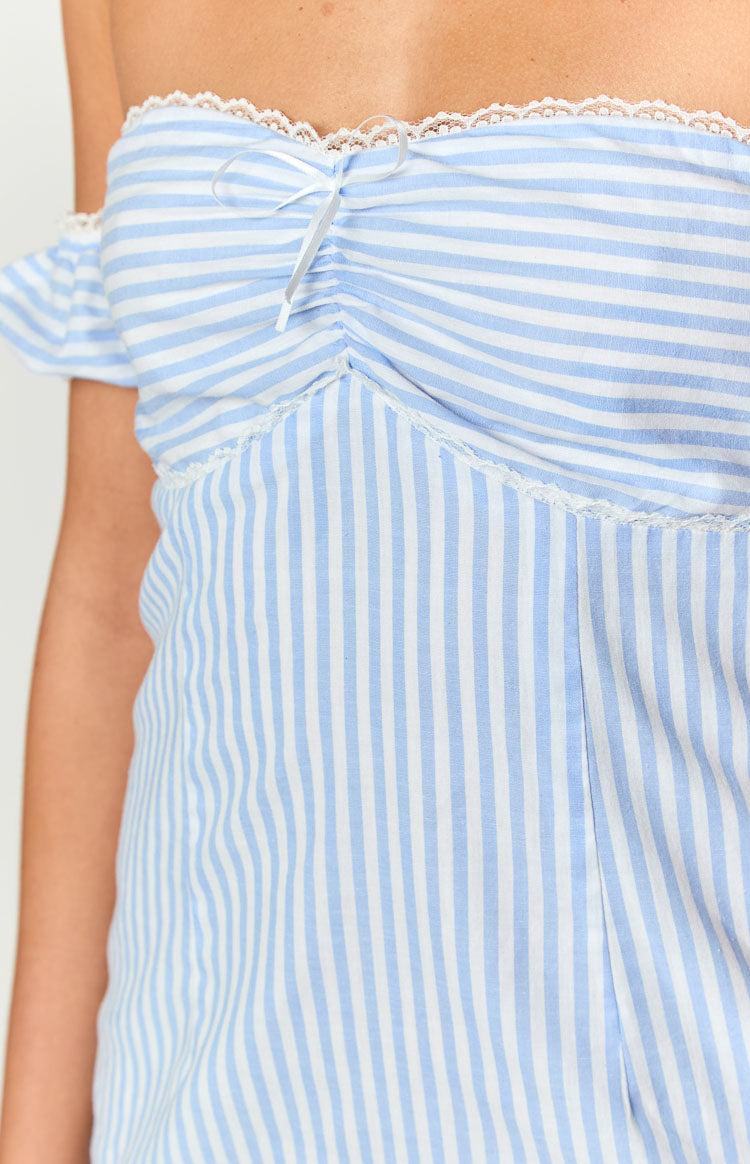 Charlie Blue Striped Off Shoulder Mini Dress Product Image