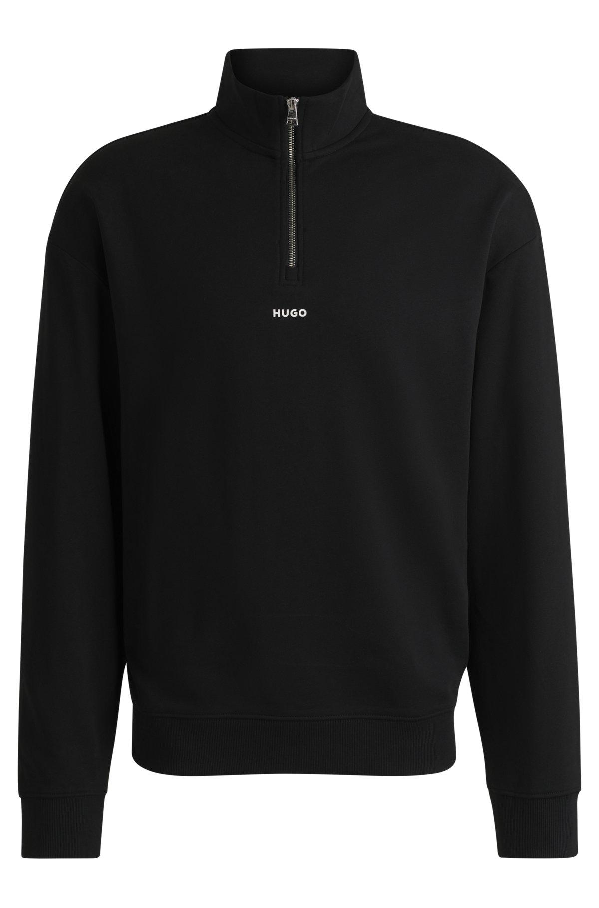 HUGO - Cotton-terry zip-neck sweatshirt with logo print - Black Product Image