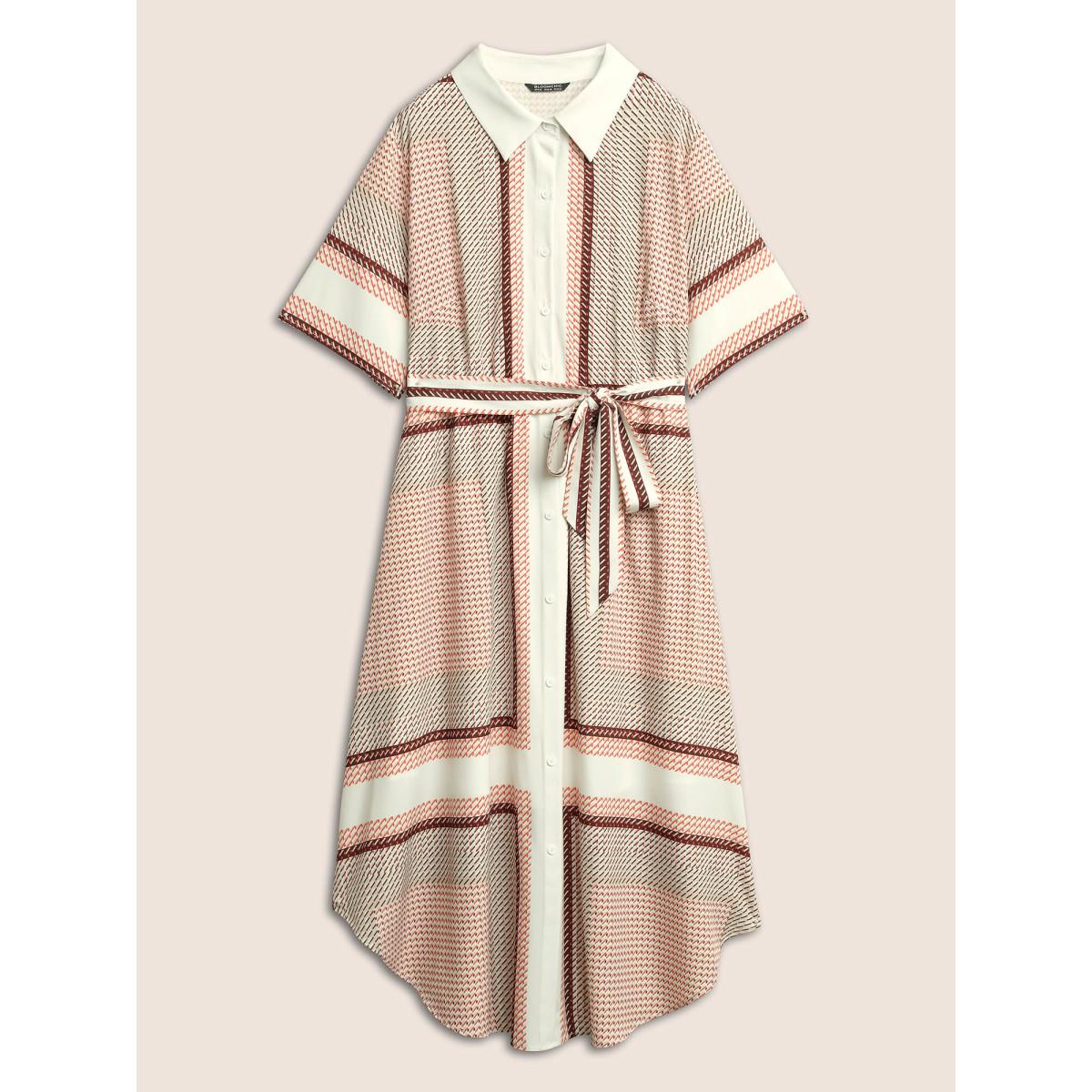 Plus Size Geo Graphic Belted Curved Hem Shirt Collar Dress LightBrown Women At the Office Non Shirt collar Short sleeve Curvy Midi Dress BloomChic 30/6X Product Image