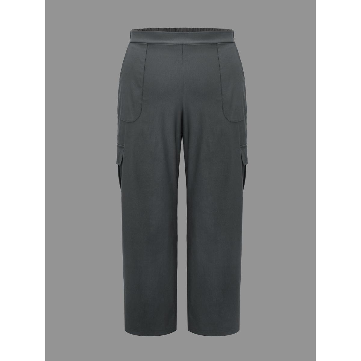 Plus Size Solid Elastic Waist Patched Pocket Pants Women DimGray Casual Loose Mid Rise Everyday Pants BloomChic 26/4X Product Image
