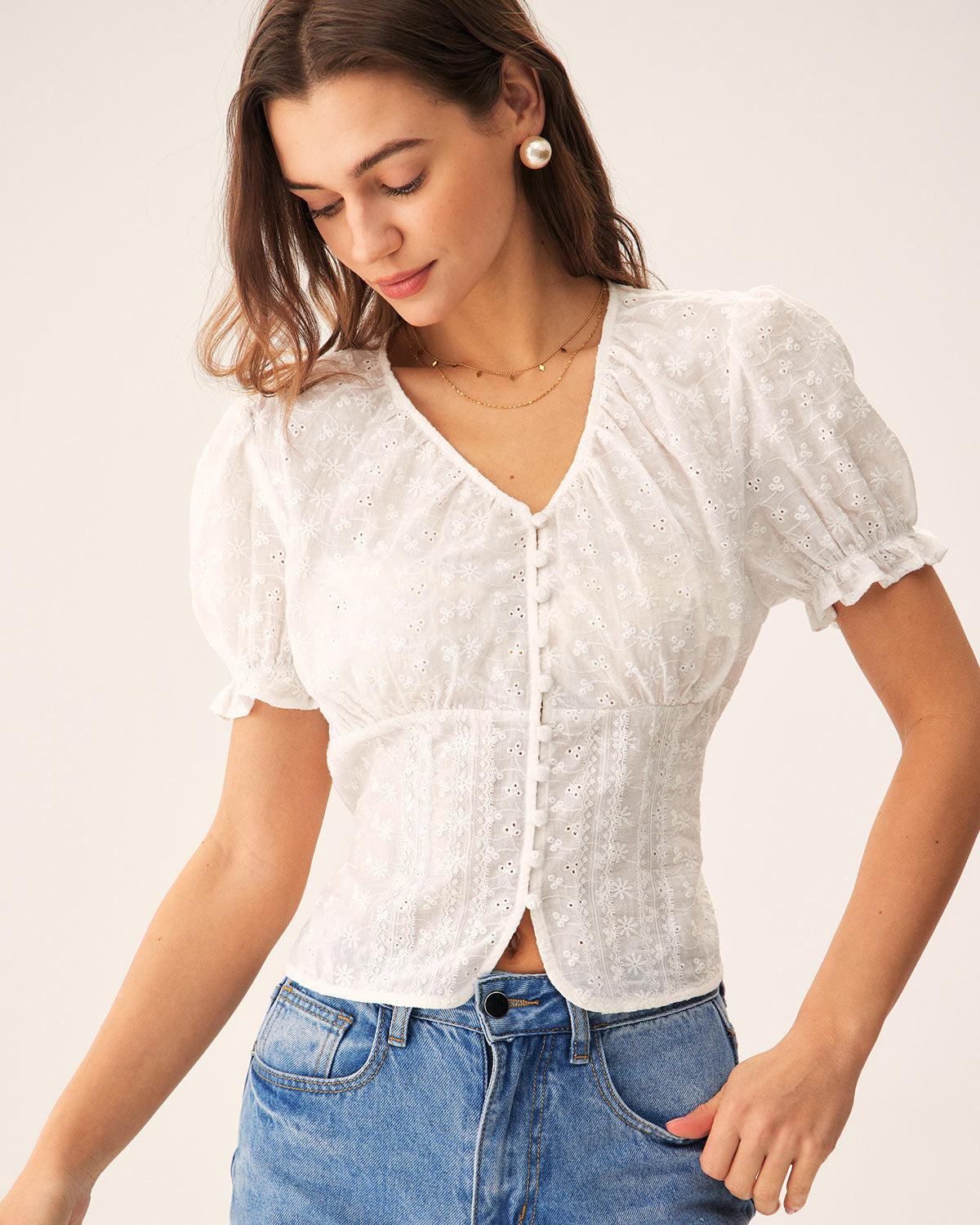 White Floral Puffed Sleeve Blouse Product Image