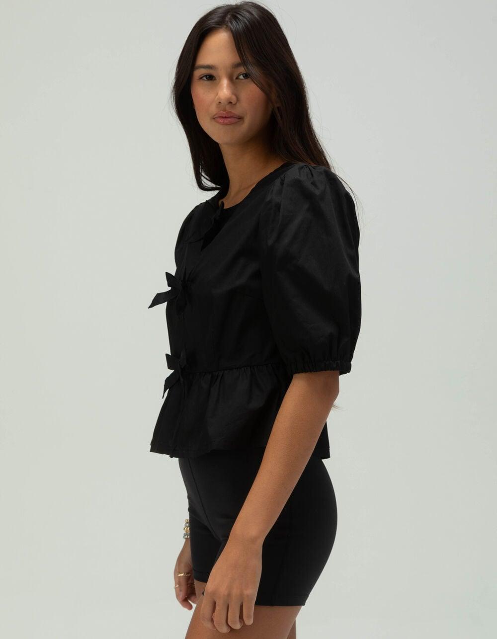 WEST OF MELROSE Tie Front Puff Sleeve Womens Top - BLACK Product Image