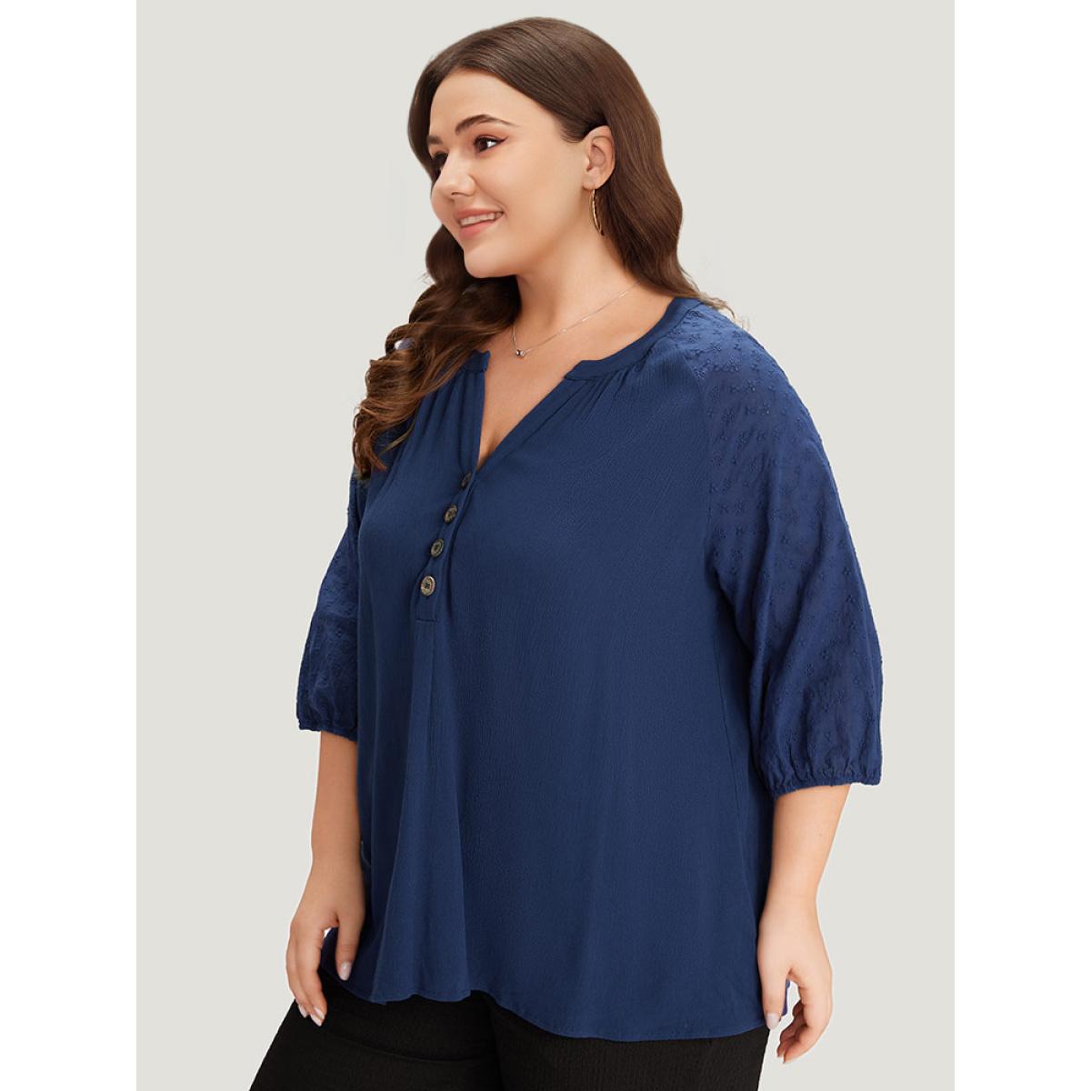 Plus Size Indigo Solid Button Up Patchwork Notched Lantern Sleeve Blouse Women Office Elbow-length sleeve Notched collar Office Blouses BloomChic 12/L Product Image