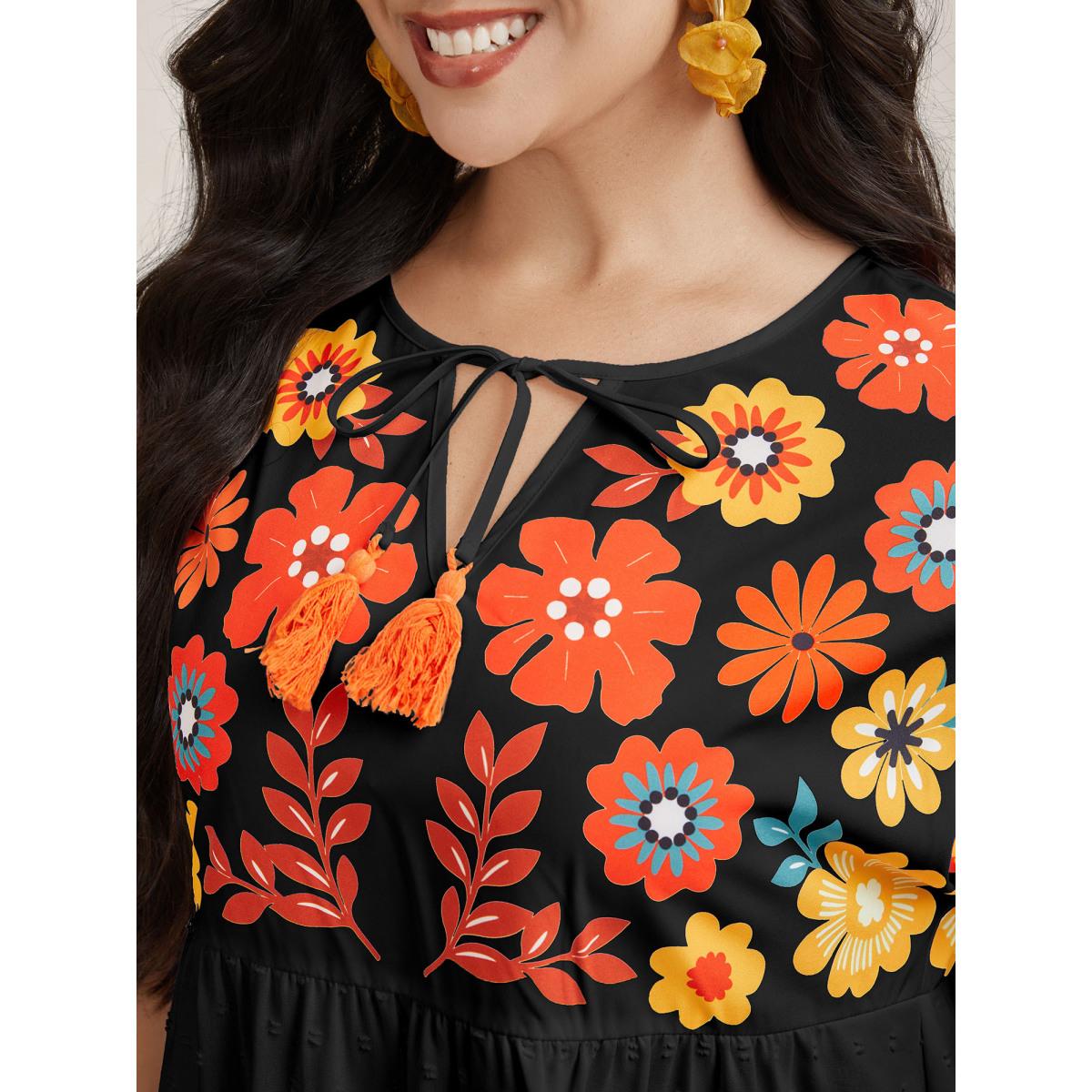 Plus Size Black Floral Print Neck-Tie Babydoll Top Women Resort Short sleeve Non Vacation Blouses BloomChic 28/5X Product Image