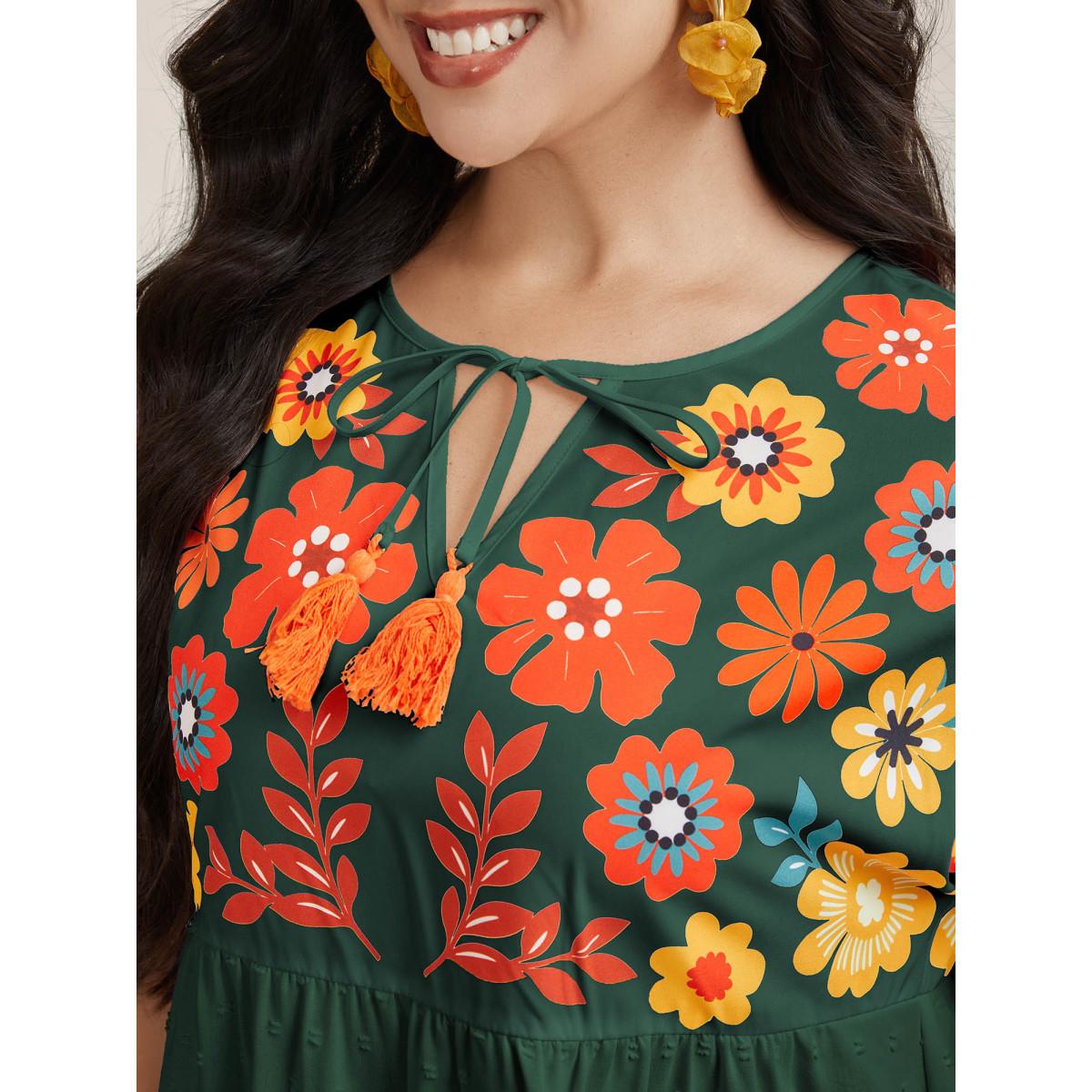 Plus Size DarkGreen Floral Print Neck-Tie Babydoll Top Women Resort Short sleeve Non Vacation Blouses BloomChic 18-20/2X Product Image