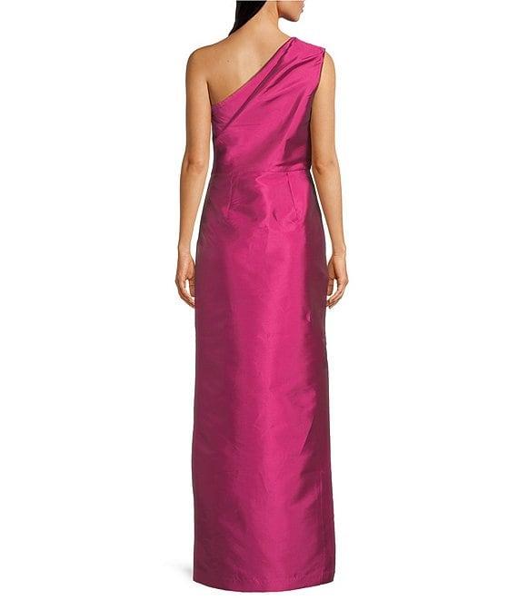 Kay Unger Taffeta Beaded Floral Placement Print One Shoulder Neck Sleeveless Column Gown Product Image