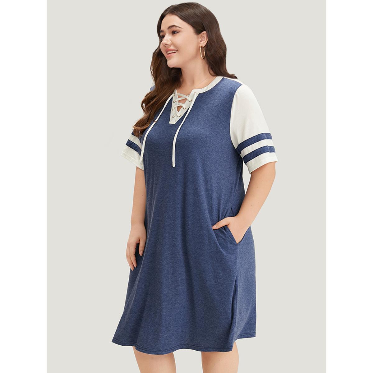 Plus Size Supersoft Essentials Striped Pocket Patchwork Lace Up Dress Indigo Women Casual Cross straps V-neck Short sleeve Curvy Knee Dress BloomChic 22-24/3X Product Image