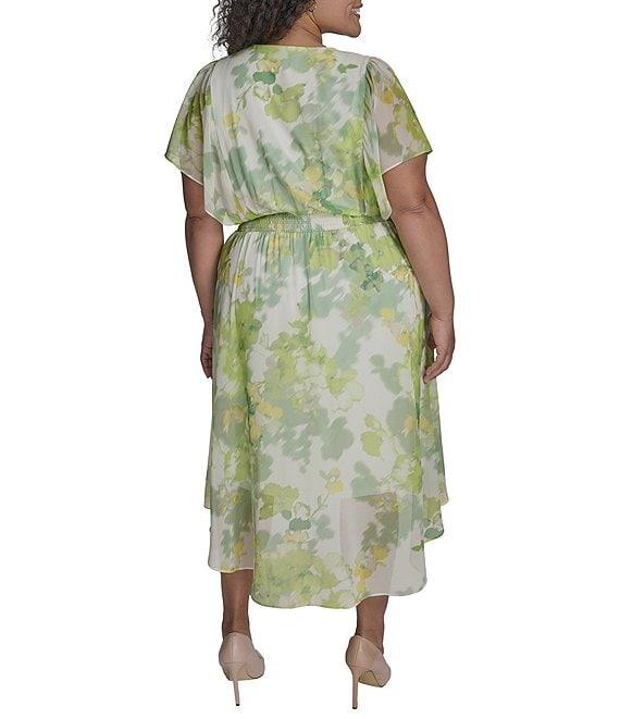 DKNY by Donna Karan Plus Size V-Neck Short Flutter Sleeve Smocked A-Line Midi Dress Product Image