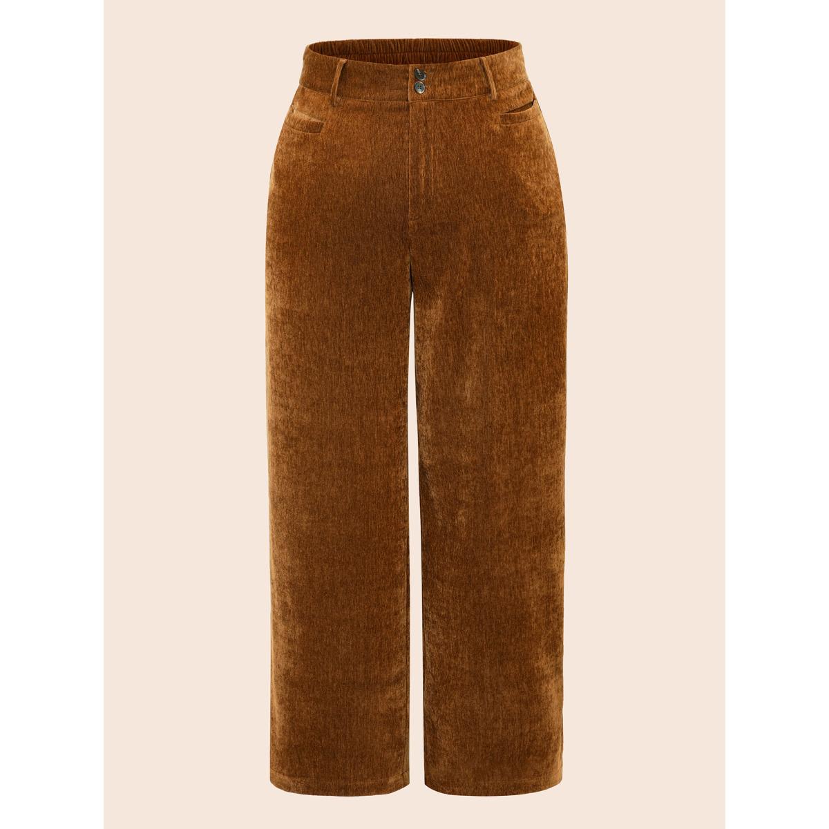 Plus Size Mid Rise Button Up Straight Leg Pants Women Yellowishbrown Casual Straight Leg Mid Rise Everyday Pants BloomChic 30/6X Product Image