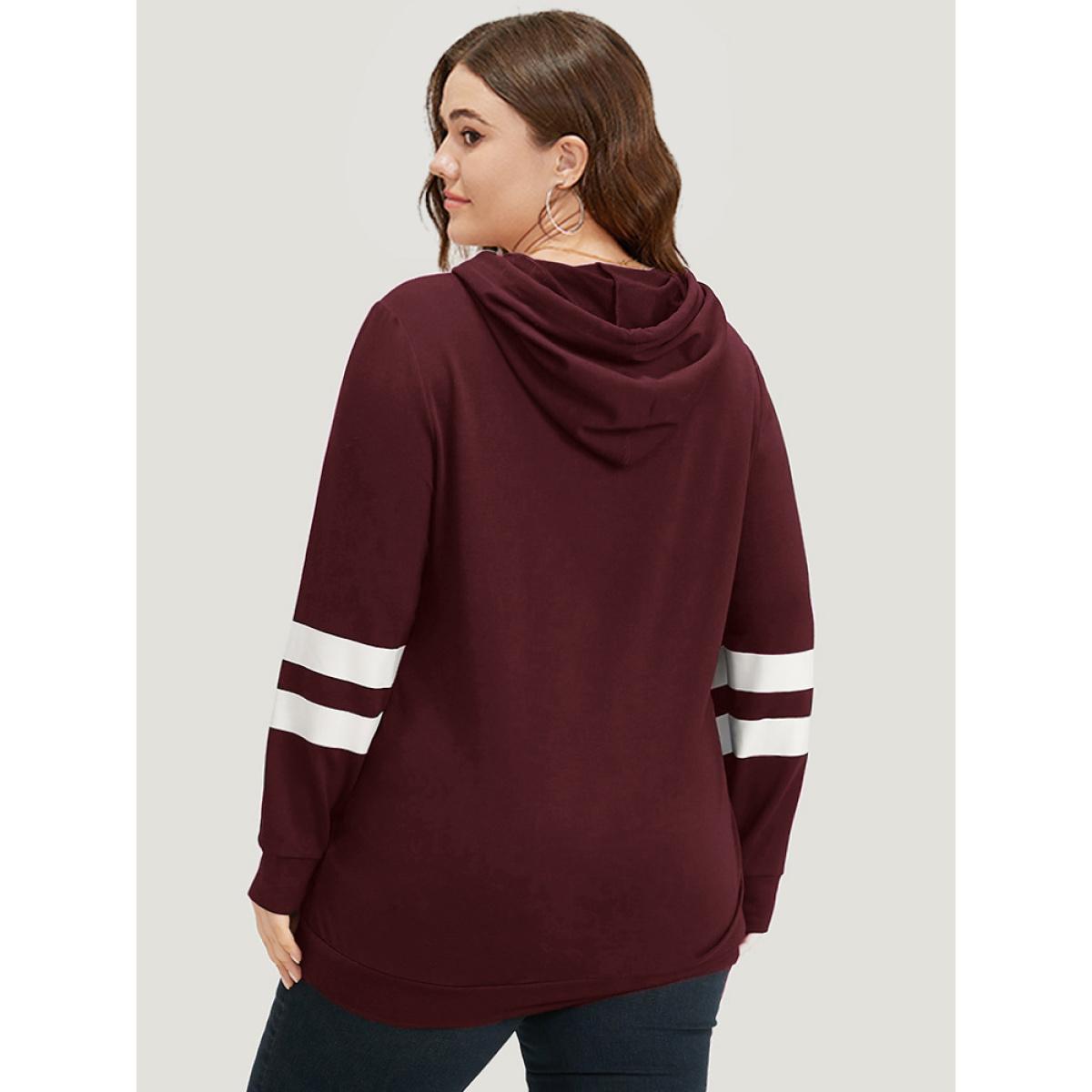 Plus Size Halloween Print Striped Patchwork Hooded Drawstring Sweatshirt Women Burgundy Casual Elastic cuffs Festival-Halloween Sweatshirts BloomChic 10/M Product Image