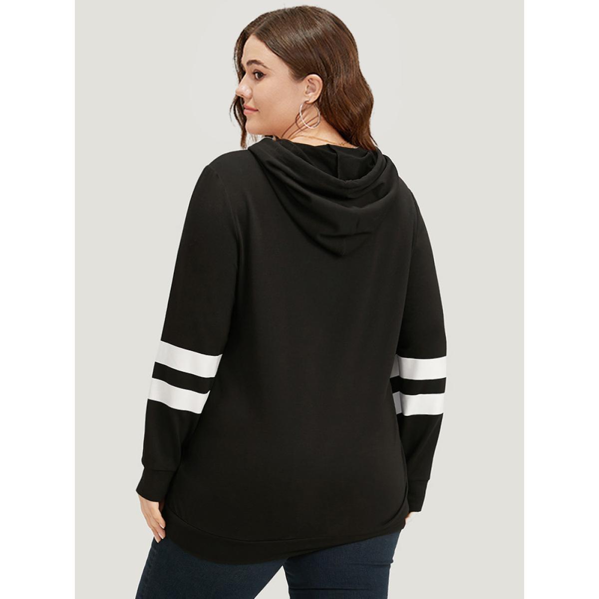 Plus Size Halloween Print Striped Patchwork Hooded Drawstring Sweatshirt Women Black Casual Elastic cuffs Festival-Halloween Sweatshirts BloomChic 10/M Product Image