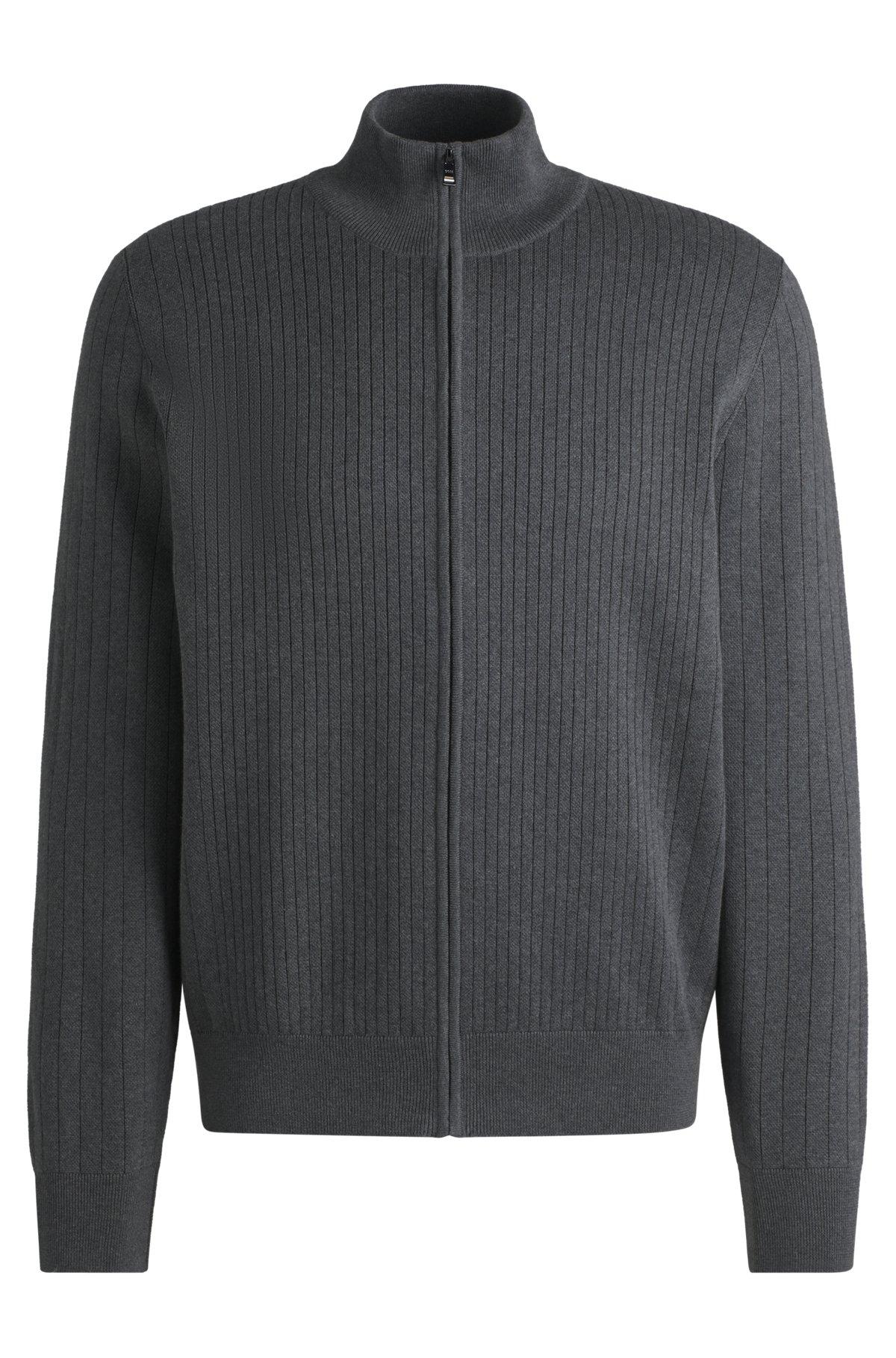 Zip-up cotton cardigan with knitted pinstripes Product Image