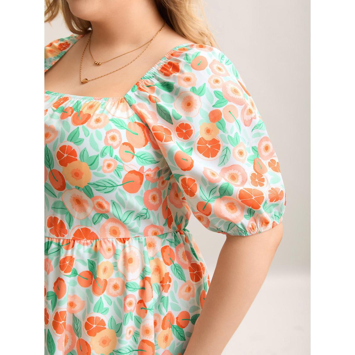 Plus Size Fruity Print Square Neck Puff Sleeve Dress Multicolor Women Elegant Non Square Neck Half Sleeve Curvy BloomChic 22-24/3X Product Image