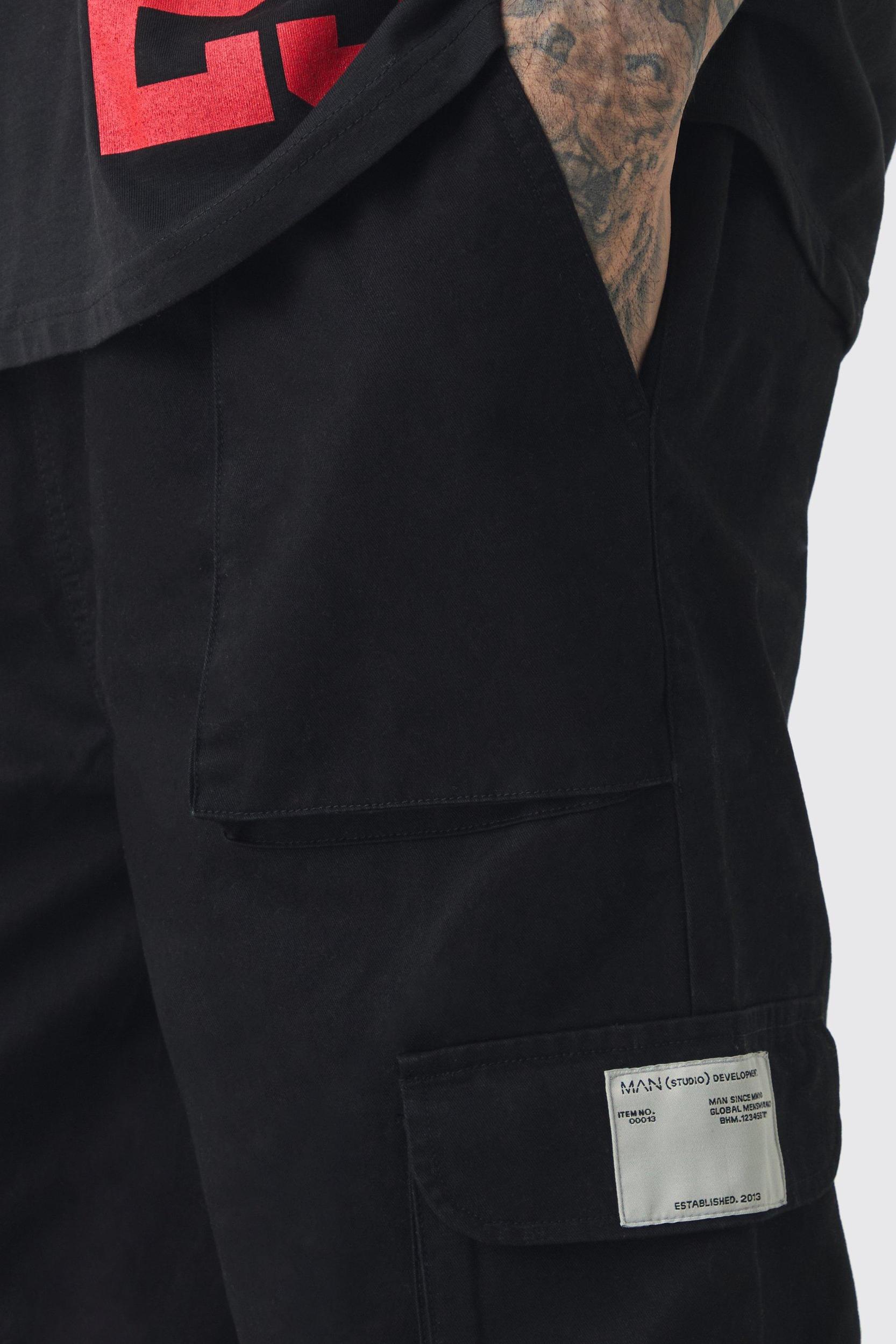 Tall Cuffed Hem Woven Tab Cargo Pants In Black | boohooMAN USA Product Image