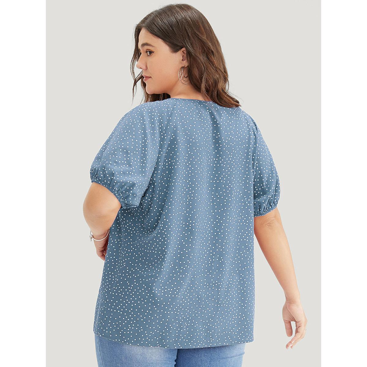 Plus Size Stone Polka Dot Pleated Round Neck Puff Sleeve Blouse Women Office Short sleeve Round Neck Work Blouses BloomChic 26/4X Product Image