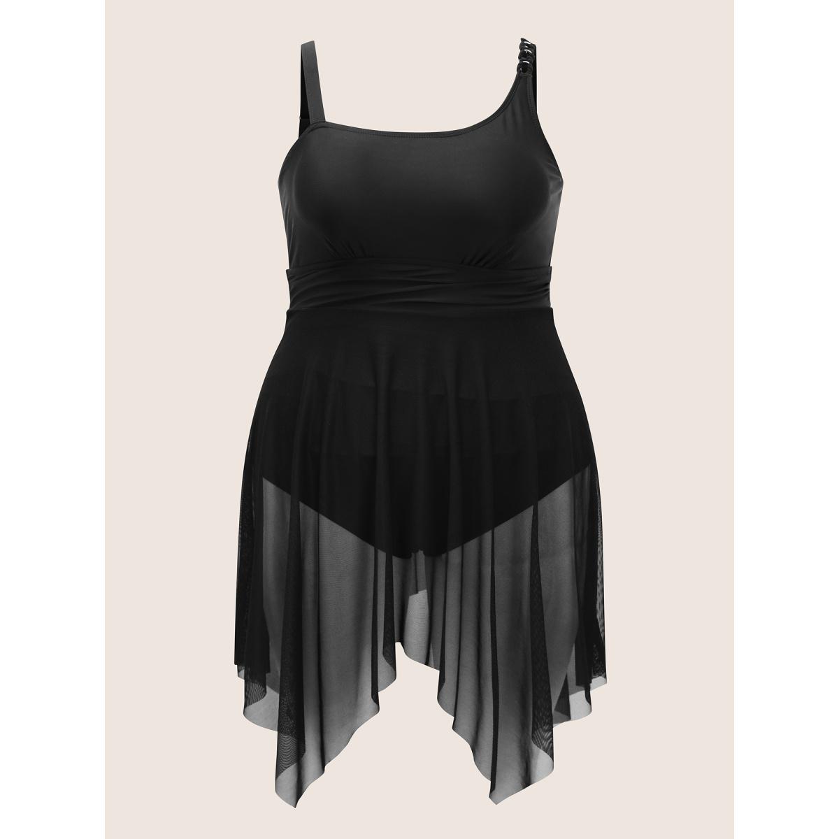 Plus Size Asymmetrical Neck Mesh Patchwork Swim Dress Women's Swimwear Black Beach Bodycon Asymmetrical Neck High stretch Curve Swim Dresses BloomChic 30/6X Product Image