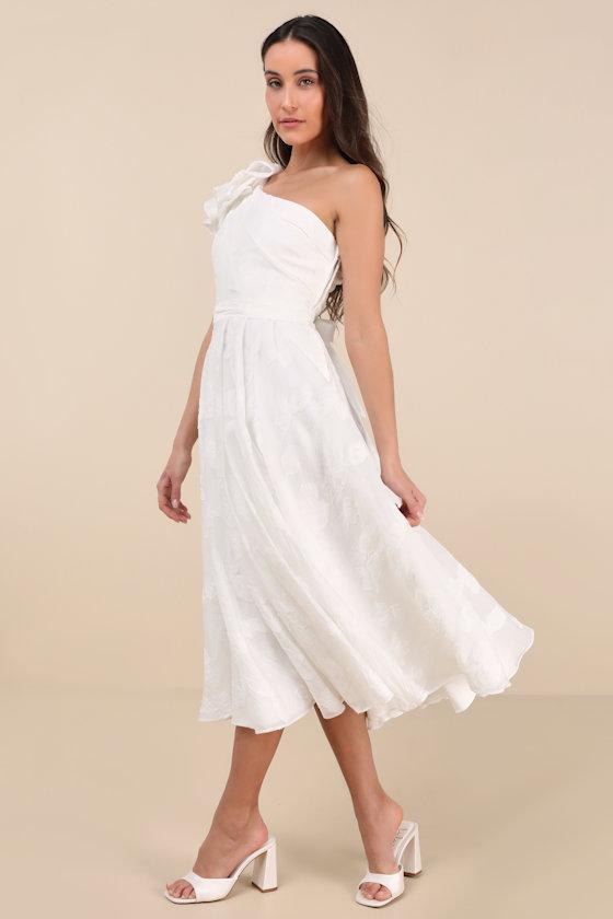 Sweet Definition White Burnout Ruffled One-Shoulder Midi Dress Product Image